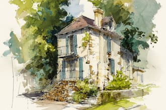 draw a watercolor sketch of a house, building or landscape