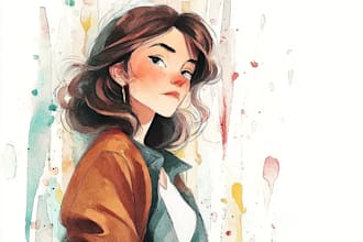 do character art illustration, patent drawing, watercolor