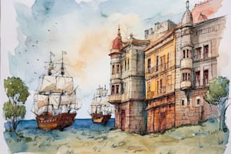 draw original watercolor landscape or architecture art