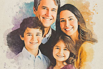 merge photos to watercolor family portrait illustration