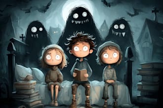 draw cartoon horror children and kid story book illustration