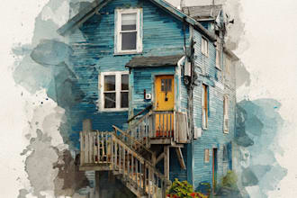 create house and building photo into watercolor art