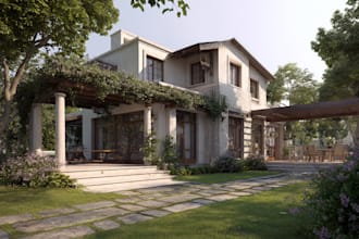 do modern home exterior design, landscape in realistic