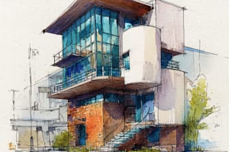 sketch architecture building with watercolor rendering