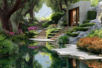 draw a exterior and landscape design with renders