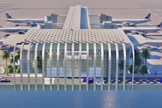 render site plan,airport terminal building,urban development project,aieral view