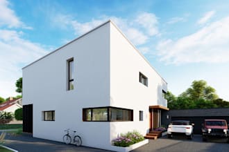 renovate 3d villa exterior, facade design, minimalist style, garden, skp render