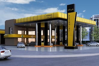 renovate 3d gas station,petrol station,kiosk,car wash,restroom,truck stop,render