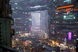 create cinematic sci fi city illustrations