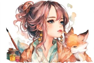 draw watercolor line art objects character illustration