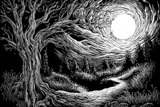 design detailed dark art with woodcut or linocut style