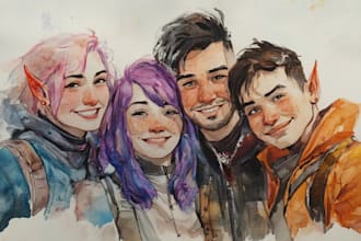 draw watercolor dnd party and friendship portrait