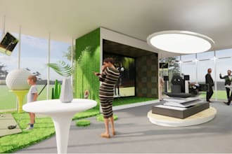 render golf simulator interior, in residential building, club, lounge,restaurant
