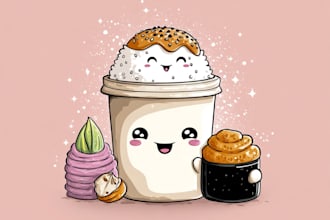 draw cute kawaii character, animal, food doodle stickers