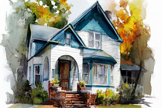 create a hand painted watercolor house portrait of your home
