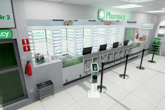 do 3d cgi modern clinic, dental room pharmacy store, receptionist, laboratory