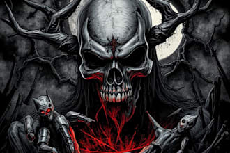 draw a detailed dark art illustration for tshirt, merch,
