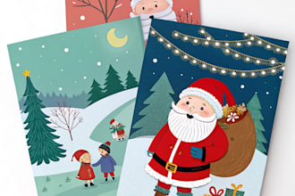 design custom santa christmas cards, festive holiday greeting card illustrations