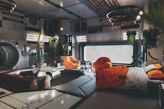 render space habitat interior, living quarters, scifi home design,cozy aesthetic