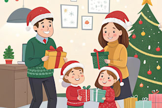 draw a family, office christmas, holiday card caricature