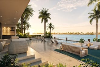 redesign house elevation, frontyard, garden, terrace rendering, pool, landscape