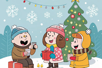 draw a cartoon caricature holiday, winter or christmas card