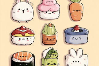draw cute kawaii character, food, animal doodle stickers