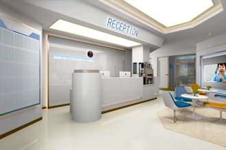 3d hospital design, reception, dentist office, medical clinic interior, pharmacy
