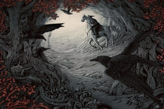make detailed dark art with woodcut or linocut style