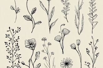 draw line art vector illustration of plants and flowers