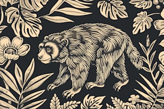 illustrate botanical and animal linocut vector illustration