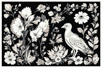illustrate botanical and animal linocut vector illustration