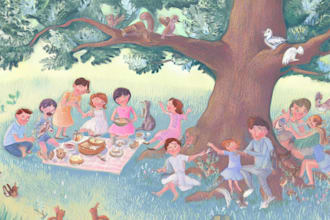 illustrate a whimsical woodland adventure for kids