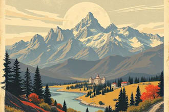 make vintage retro travel poster, vector art deco, landscape illustration
