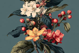 illustrate botanical and animal linocut vector illustration