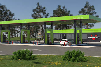 conceptualize modern urban gas station petrol station render and visualization