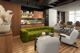 redesign 3d modern office interior, cgi lounge area, commercial workspace layout