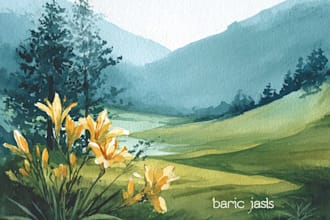 paint a watercolor and gouache landscape illustration
