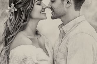 illustrate a couple portrait in watercolor or digital style