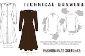 create fashion flat sketches and technical drawings 24hr