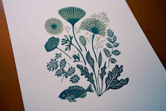 illustrate botanical and animal linocut illustration