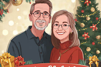 custom couple, christmas gift, christmas card illustration