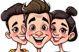 make a group christmas caricature cartoon, holiday gift card