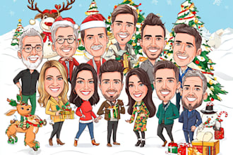 make a group christmas caricature cartoon, holiday gift card