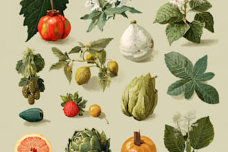 paint botanical illustration plants, fruits, flowers, vegetables, herbs, leaves