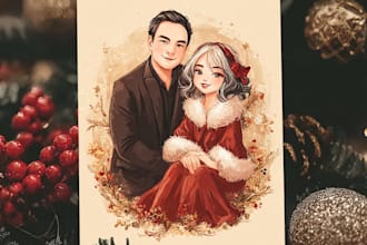 custom couple, family portrait for christmas gift, christmas card illustration