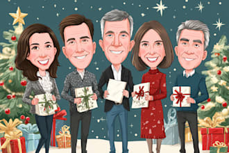 make a group christmas caricature cartoon, holiday gift card