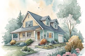 do a digital watercolor home portrait illustration