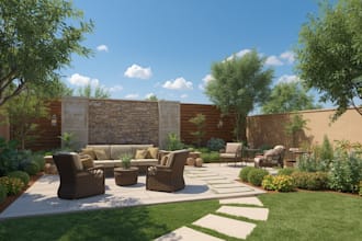 backyard landscape design with pool, patio, and garden 3d rendering