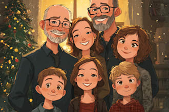 custom couple, family portrait for christmas gift, christmas card illustration